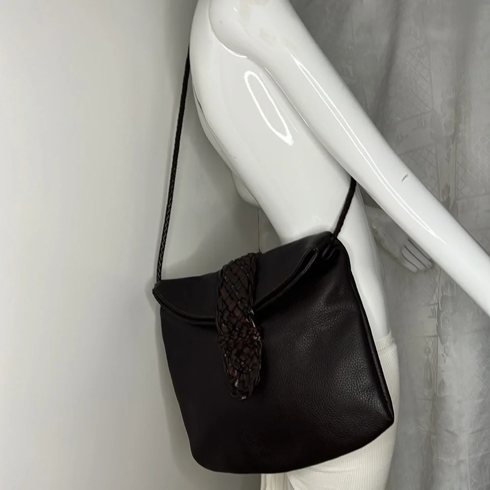 Desmo Brown Pebbled Leather Foldover Shoulder Crossbody Bag - Picture 6 of 11